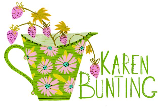 Karen Bunting logo containing a lime green jug containing pink strawberries